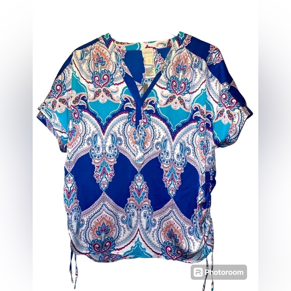 Chico’s side cinch tee woven pattern cool multi top blouse medium